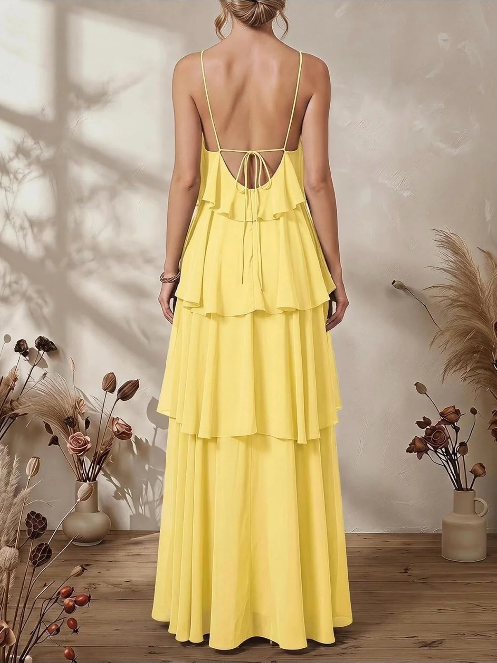 Yellow Tiered Ruffle Halter Maxi Dress - Women's
